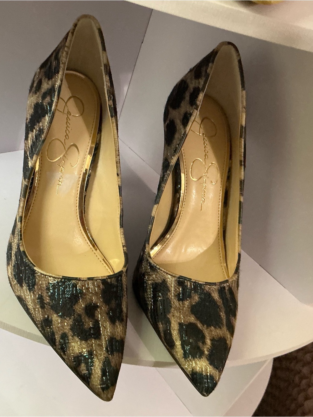 Jessica Simpson Leopard-Print Pointed Toe Pumps - Gold and Black